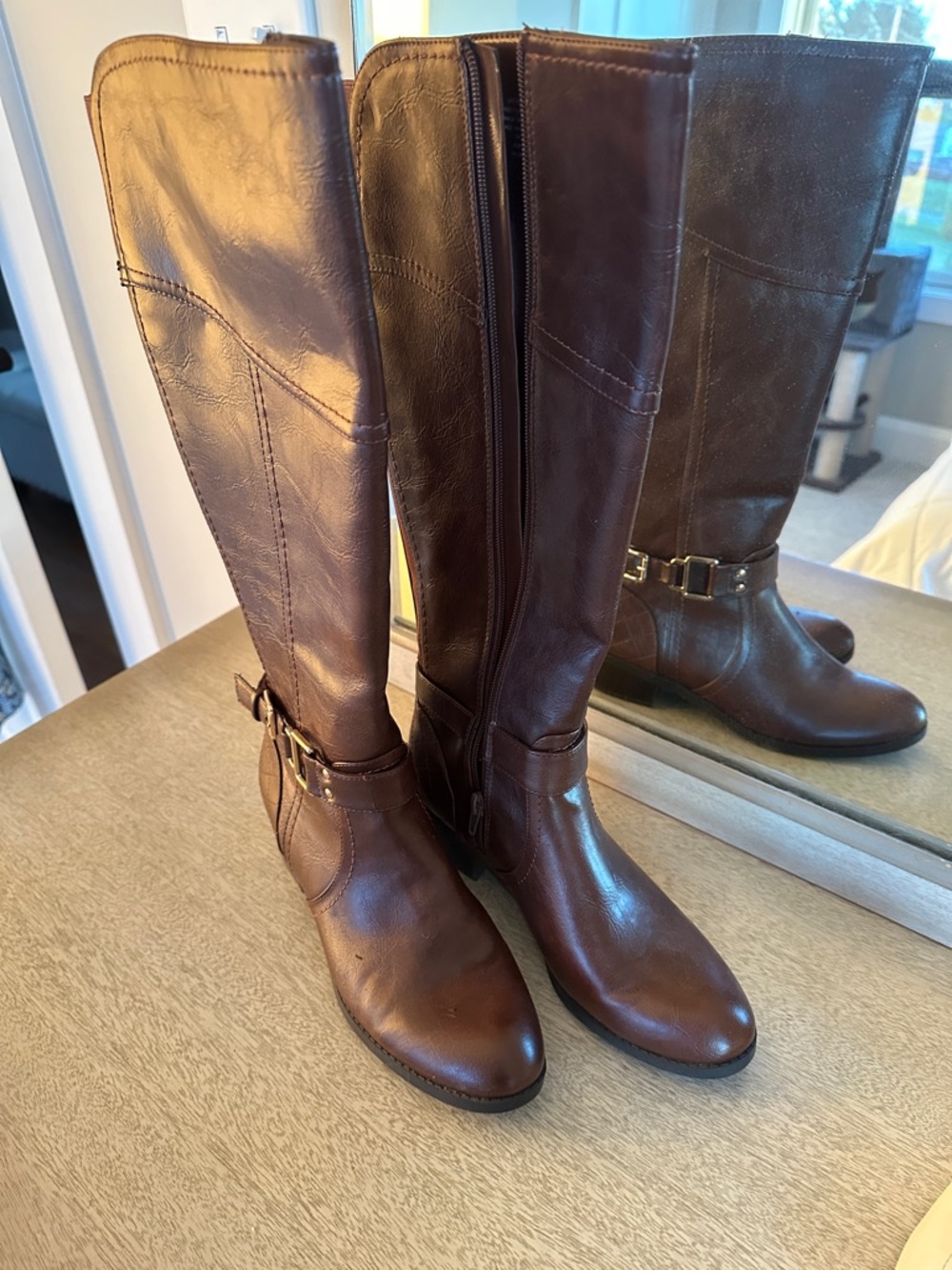 Unisa Brown Tall Leather Riding Boots with Buckle
